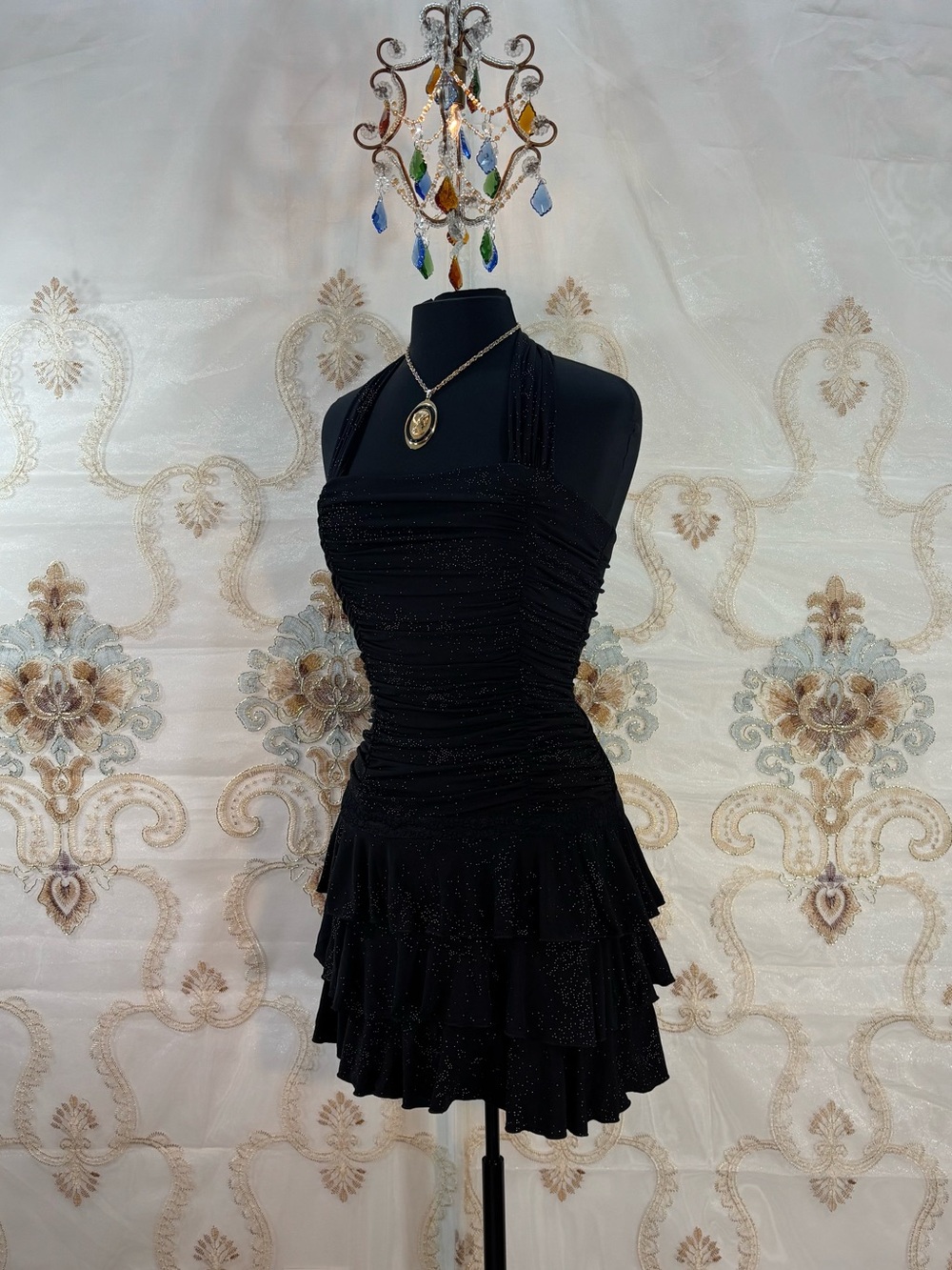 ✨Vintage Y2K Whimsigoth Black Ruched Sparkle Drop Waist Lace Trim Ruffle Dress✨